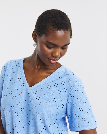 Blue V-Neck Broderie T-Shirt