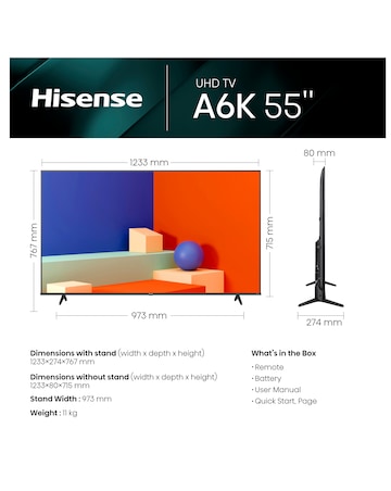 Hisense 55in 55A6KTUK Smart 4K UHD HDR TV with VDTS Virtual:X & Freeview Play