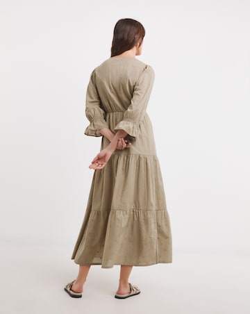 Cotton Dobby Button Through Smock Dress With Puff Sleeves