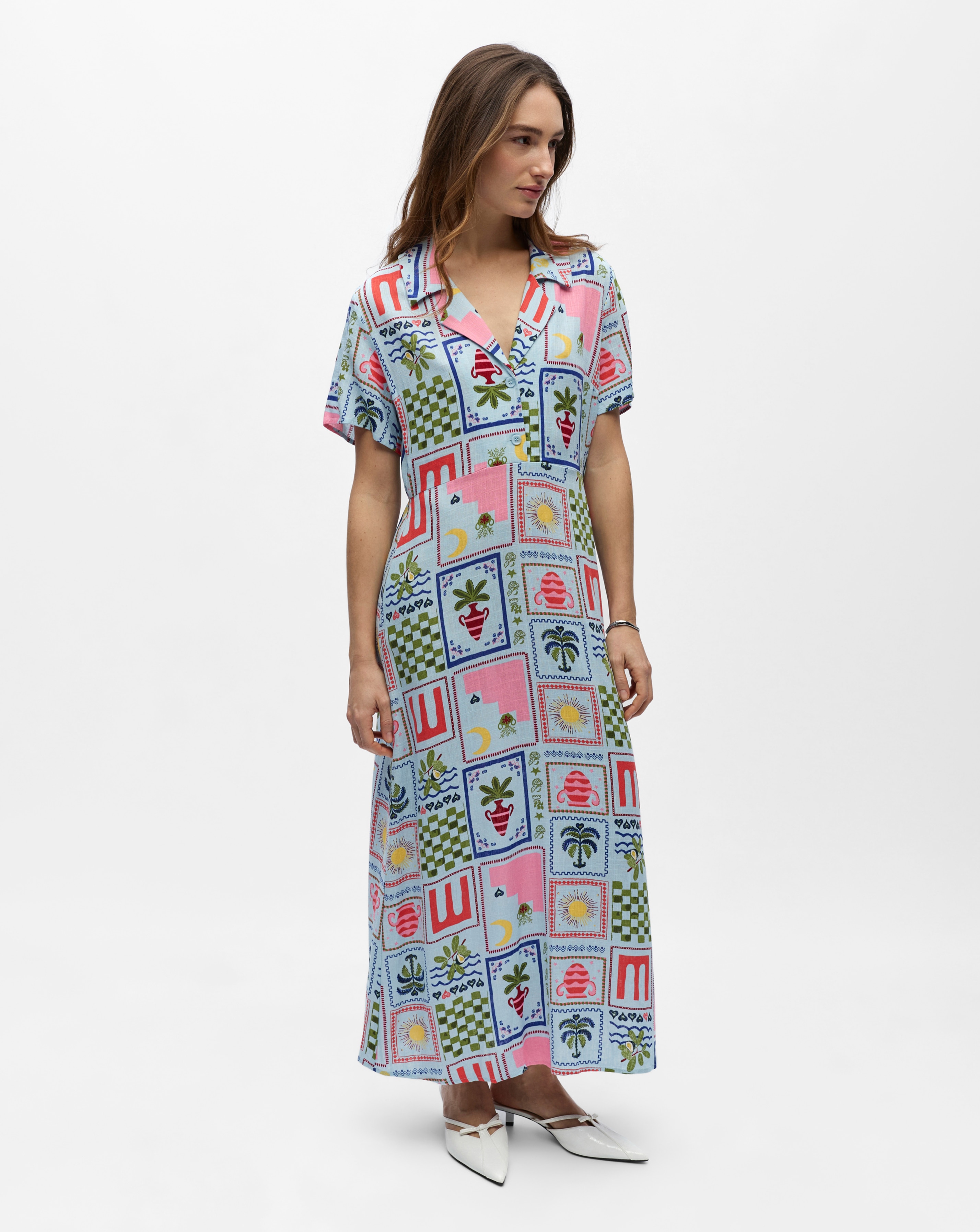 OBJECT Short Sleeve Postcard Print Midi Dress | JD Williams