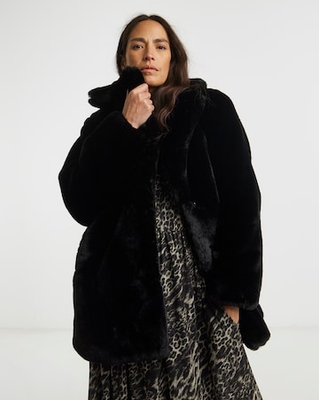 Black Plush Faux Fur Coat