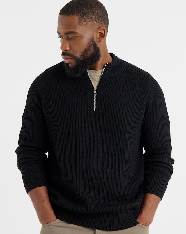 JACK & JONES Panel Knit Half Zip Jumper - Black