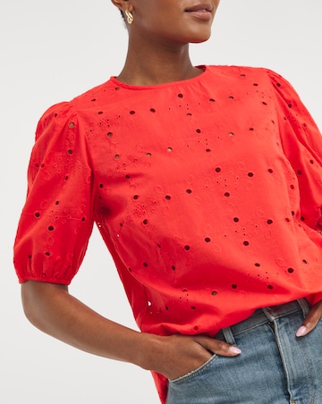 Raspberry Puff Sleeve Broderie Top