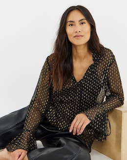 Metallic Spot Frill Cuff Blouse