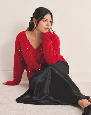 Simply Be Red V-Neck Pearl Cable Knit Jumper