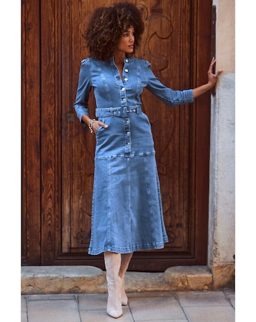 Sosandar Mid Blue Ruched Waist Popper Front Denim Dress