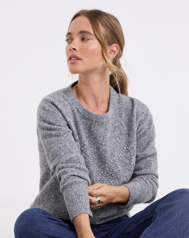 Simply Be Brushed Yarn Charcoal Diamante Bow Fluffy Jumper