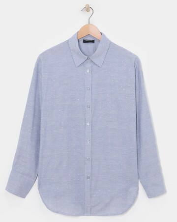 Womens Diamante Oversized Long Sleeve Shirt - Blue Stripe