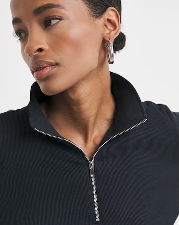 Pure Cotton Half Zip Long Sleeve Ribbed Top