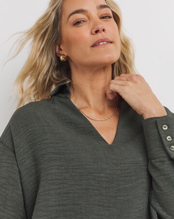 Womens Collar Detail Long Sleeve Blouse - Khaki