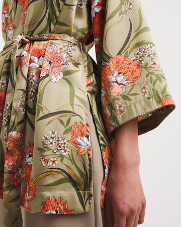 Khaki Floral Tie Belt Kimono