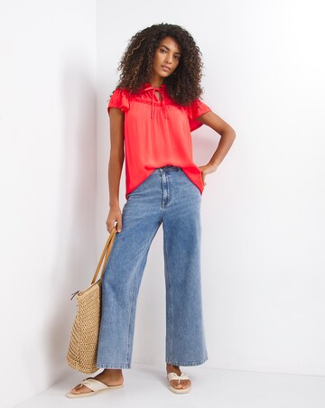 Red Short Sleeve Tie Neck Pleated Yoke Top