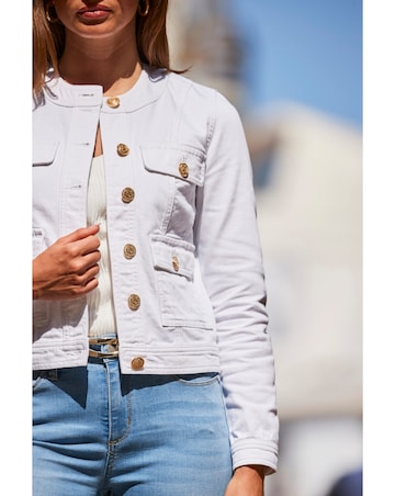 Sosandar White Round Neck Pocket Front Denim Jacket