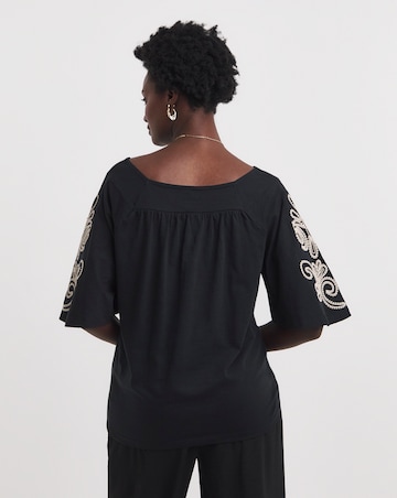 Black Cornelli Embroidered Sleeve Square Neck Top