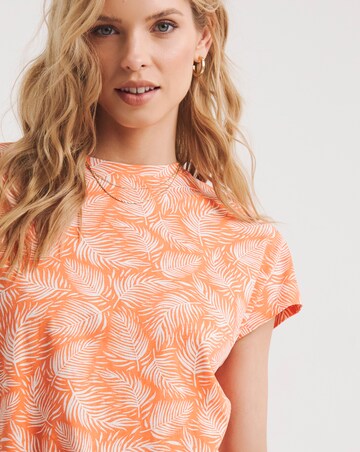 Orange Leaf Print Value Cotton Short Sleeve Ruffle Bubble Hem Top