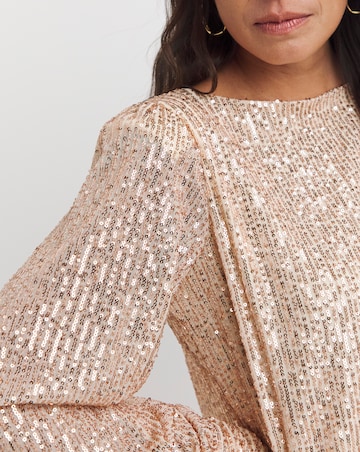 Champagne Sequin Slash Neck Volume Sleeve Top