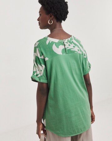 Printed Woven Front Curved Hem Longline Top