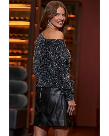 Sosandar Black Tinsel Yarn Off the Shoulder Jumper