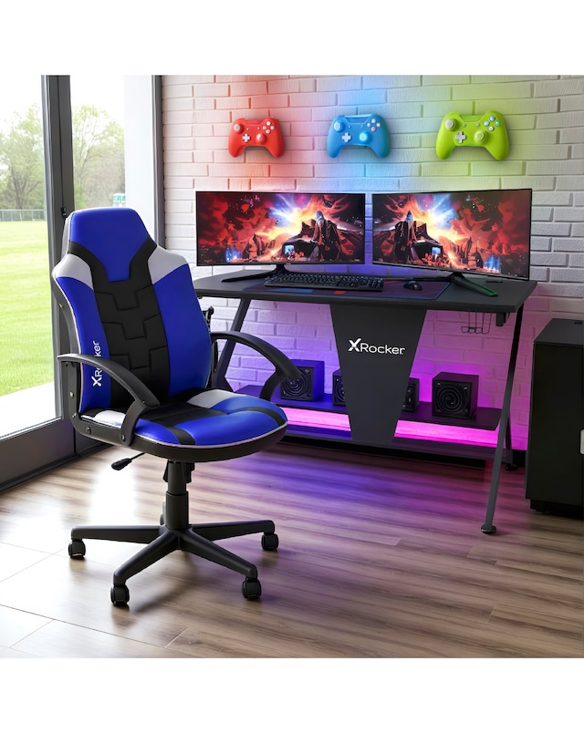 X Rocker Ocelot Gaming Desk & Saturn Junior Gaming Chair Bundle - Blue