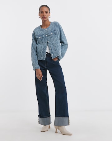 Fitted Collarless Boucle Textured Denim Jacket