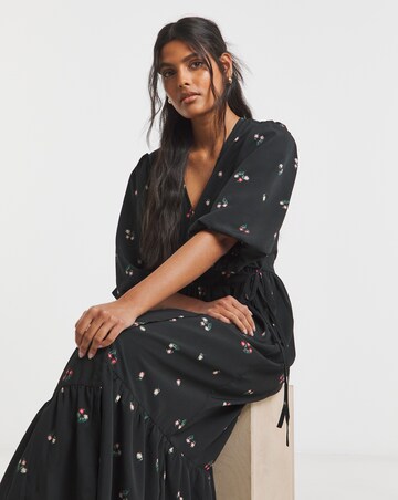 Simply Be Simply Be Ditsy Print Puff Sleeve Woven Wrap Midi Dress