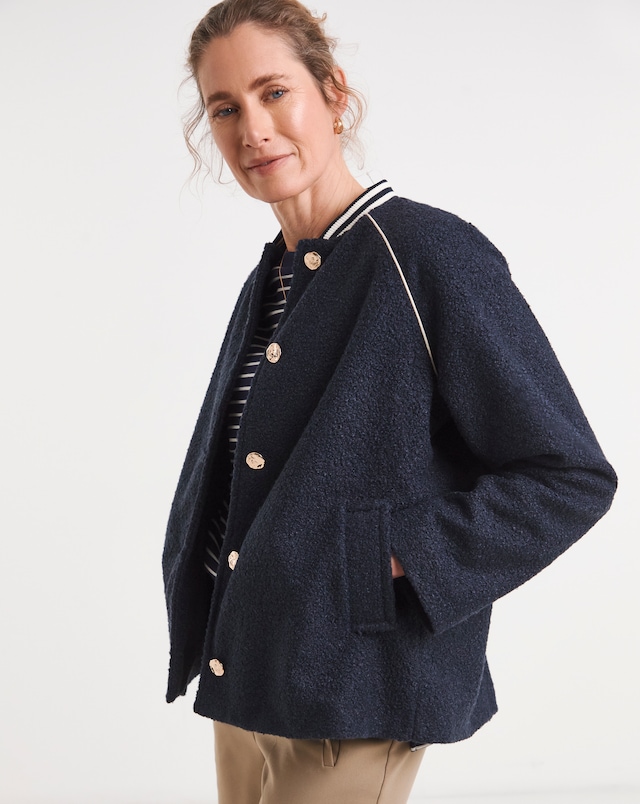 Navy Boucle Varsity Jacket