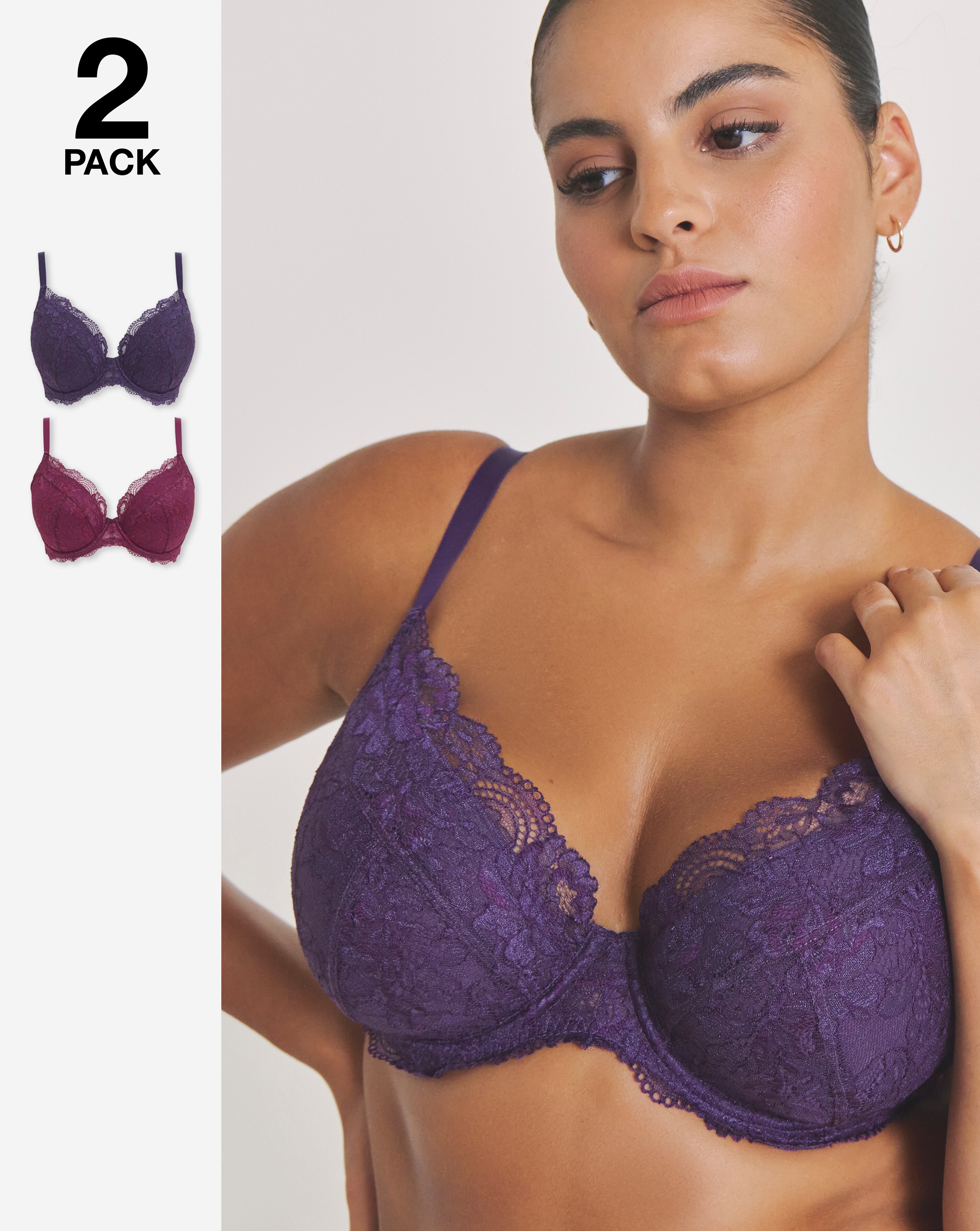 Pretty Secrets (2 Pack) New Ella Padded Plunge Wired Bras (B-G) Fig/Cherry