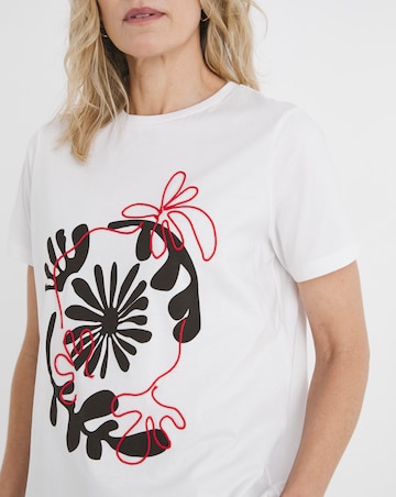 Pure Cotton White Crew Neck Embroidered Placement T-Shirt