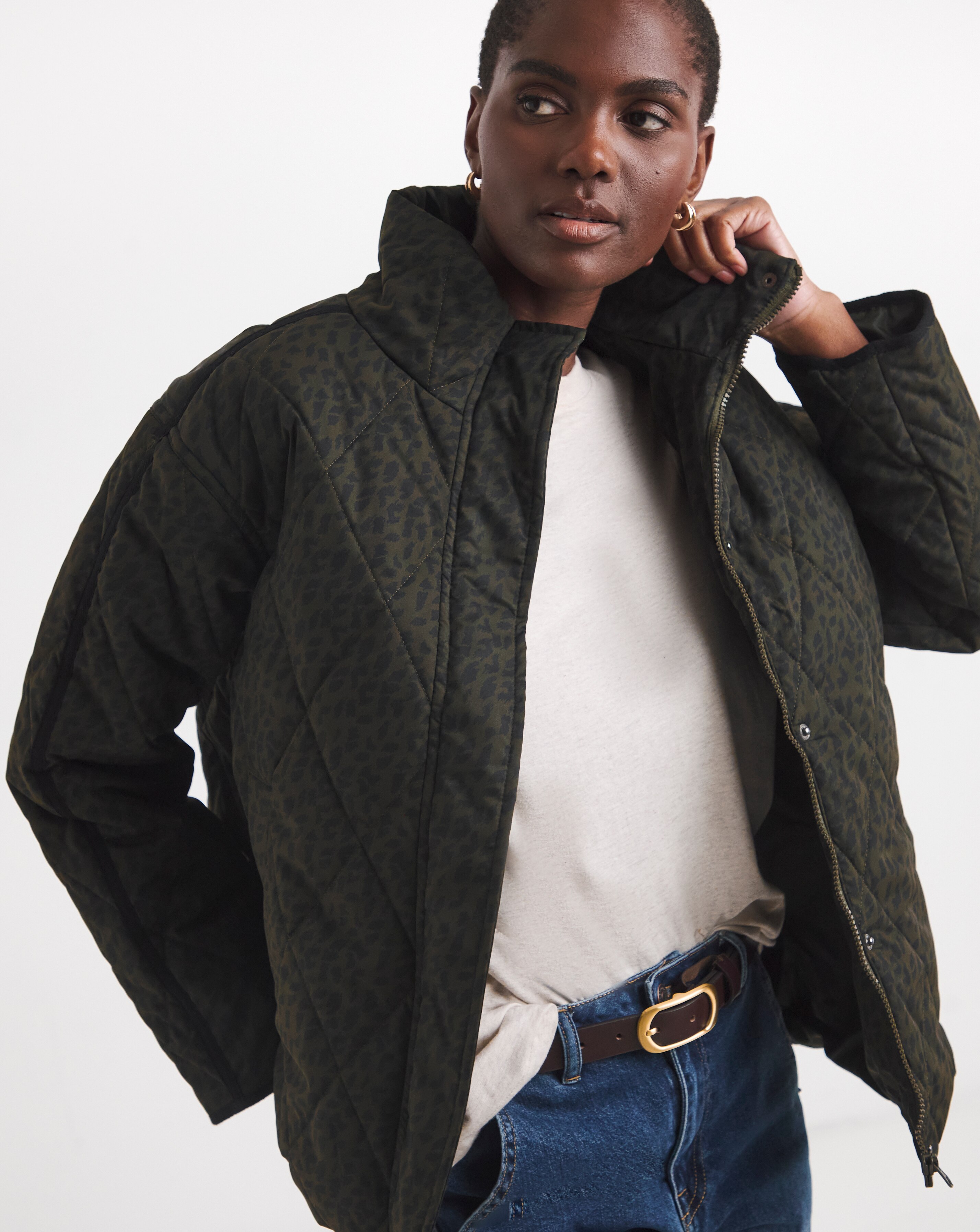 Khaki Leopard Funnel Neck Quilt Jacket | JD Williams