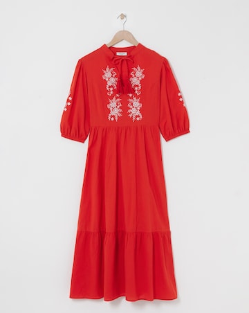 Linen Mix Embroidered Midi Dress With Tassel Neck Tie