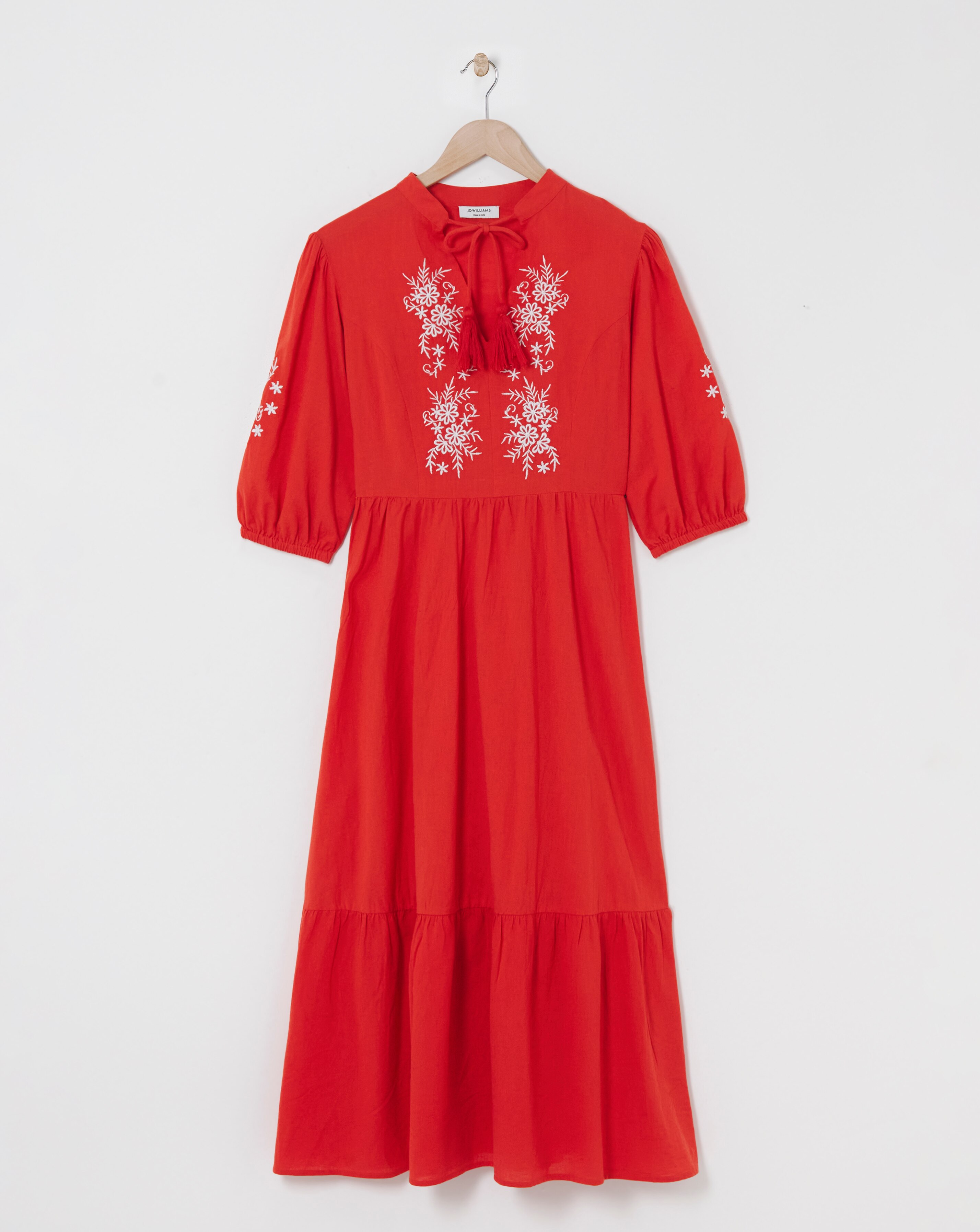 Linen Mix Embroidered Midi Dress With Tassel Neck Tie