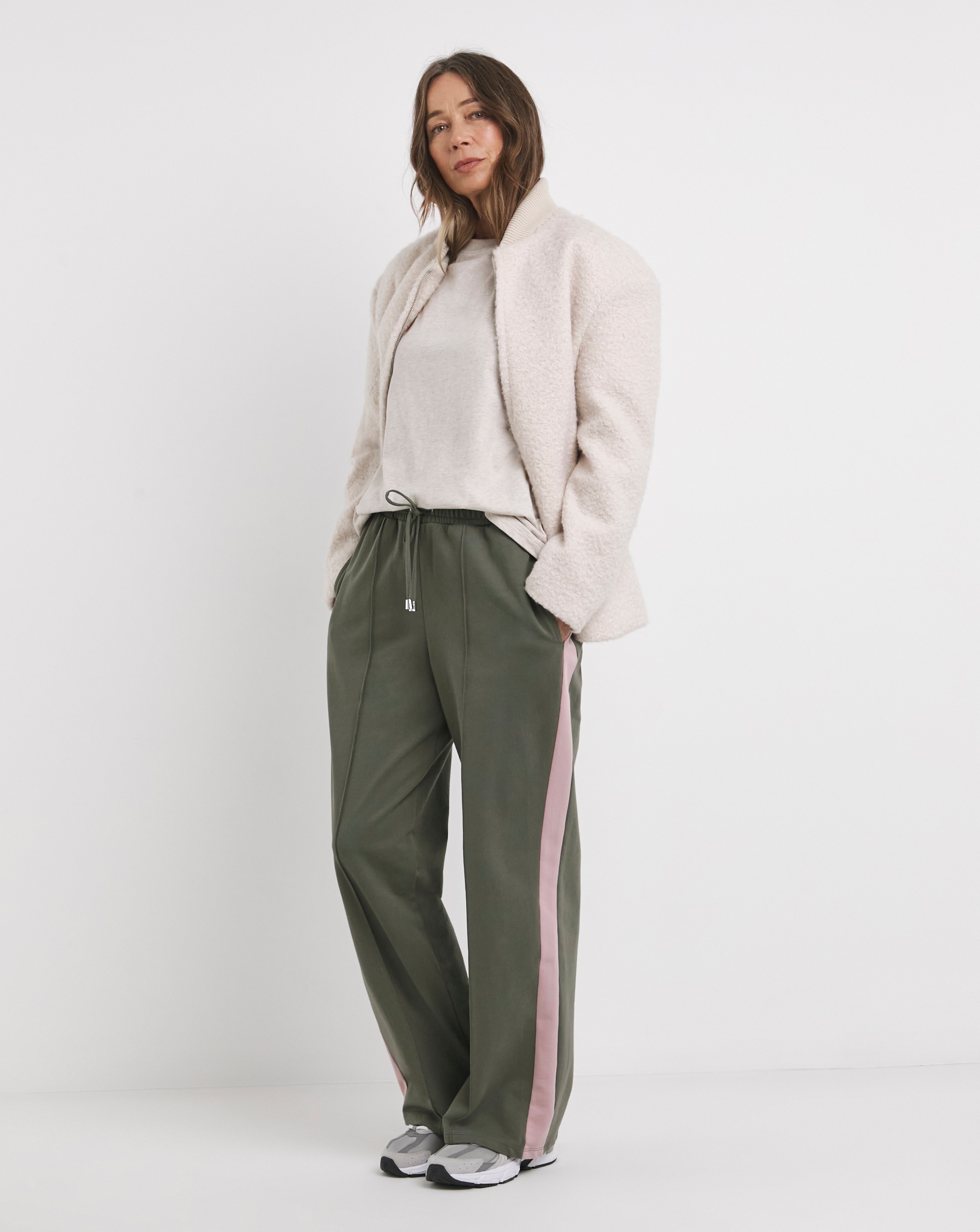 Khaki with Pink Side Stripe Wide Leg Joggers | JD Williams