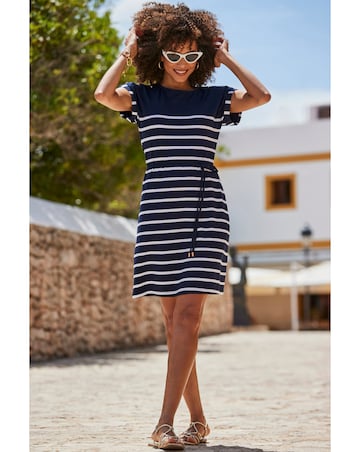 Sosandar Navy Blue Stripe Print Button Shoulder T-shirt Dress