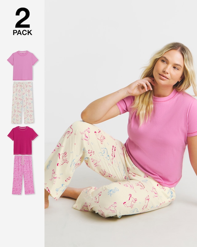 Simply Be (2 Pack) Dog Print Ribbed T-Shirt Pyjama Sets