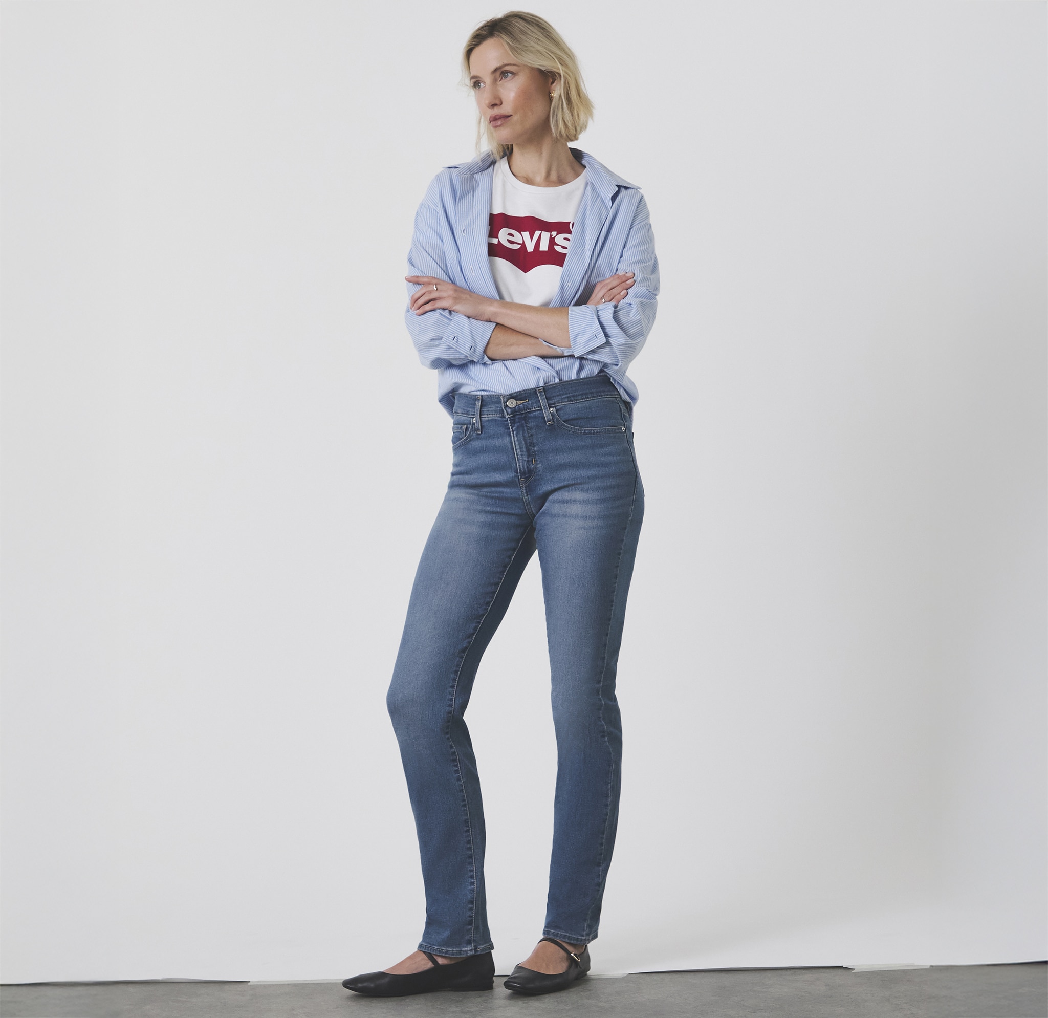 A lady wearing Levi's clothing.