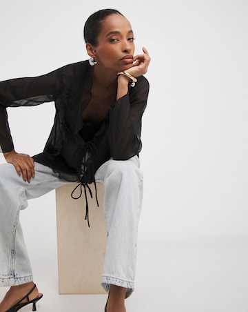 Black Tie Detail Ruffle Blouse