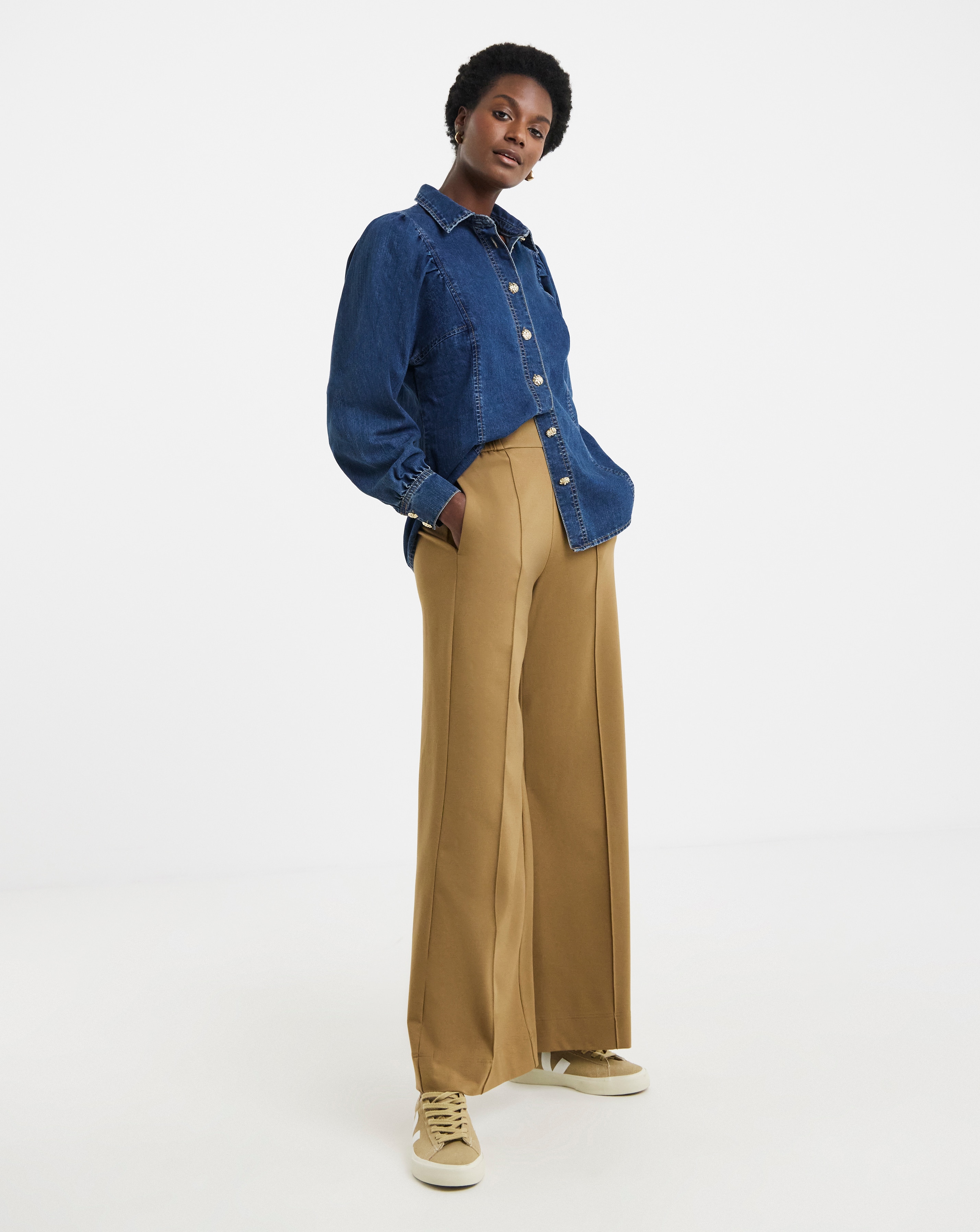 Pure Cotton Mid Blue Volume Sleeve Denim Top | JD Williams