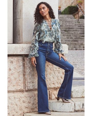 Sosandar Paisley Floral Print Metallic Stripe Blouse With Lace Up Detail