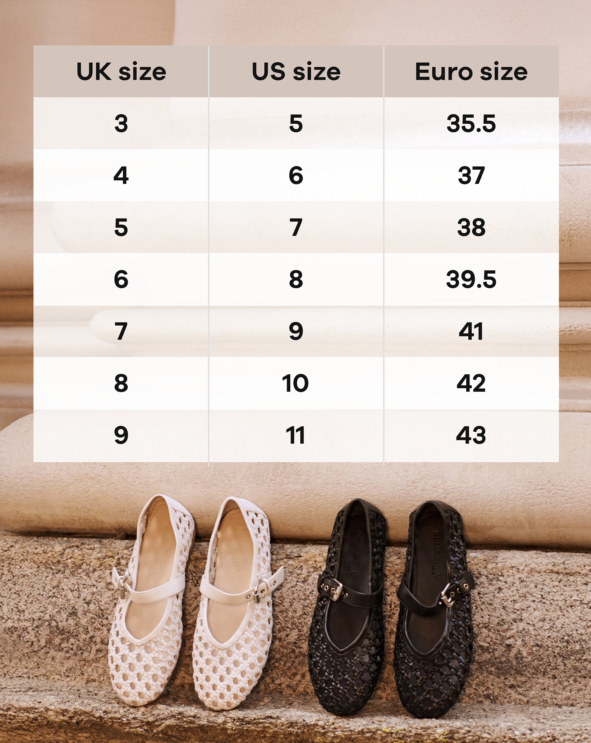 Footwear size chart UK, US and Euro sizes