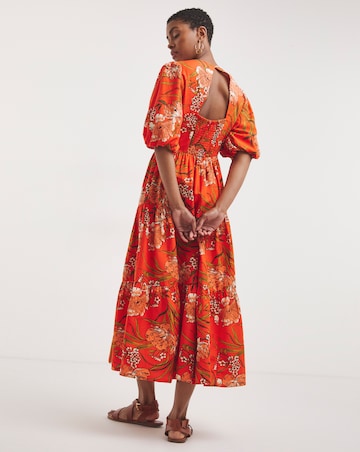 Linen Mix Smock Dress With Puff Sleeves and Open Back