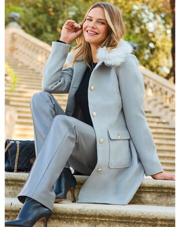 Sosandar Light Grey Button Detail Coat With Faux Fur Collar