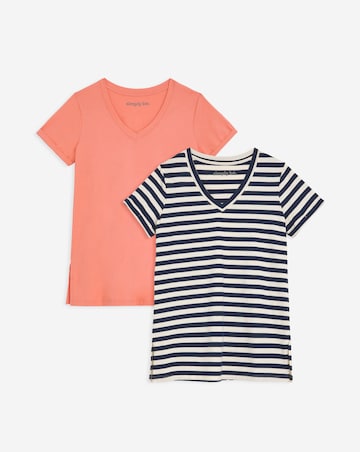 Simply Be Navy Stripe and Blush 2 Pack V Neck Lognline T-Shirt