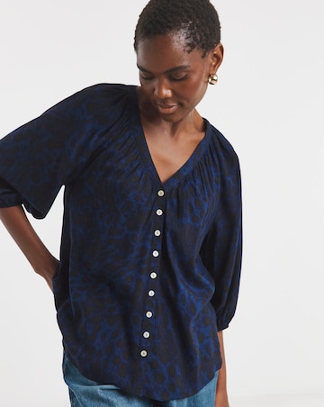 Printed Collarless Button Through Blouse