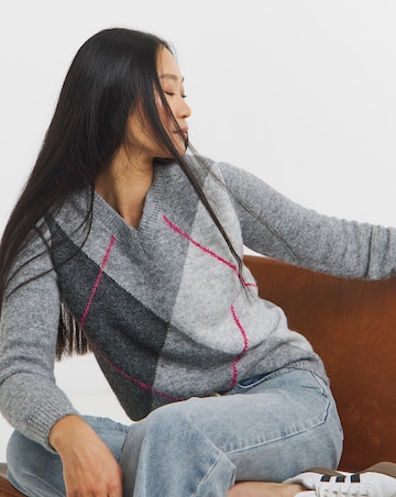 Grey V Neck Argyle Jumper