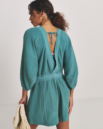 Shirred Detail Long Sleeve Plunge Beach Playsuit