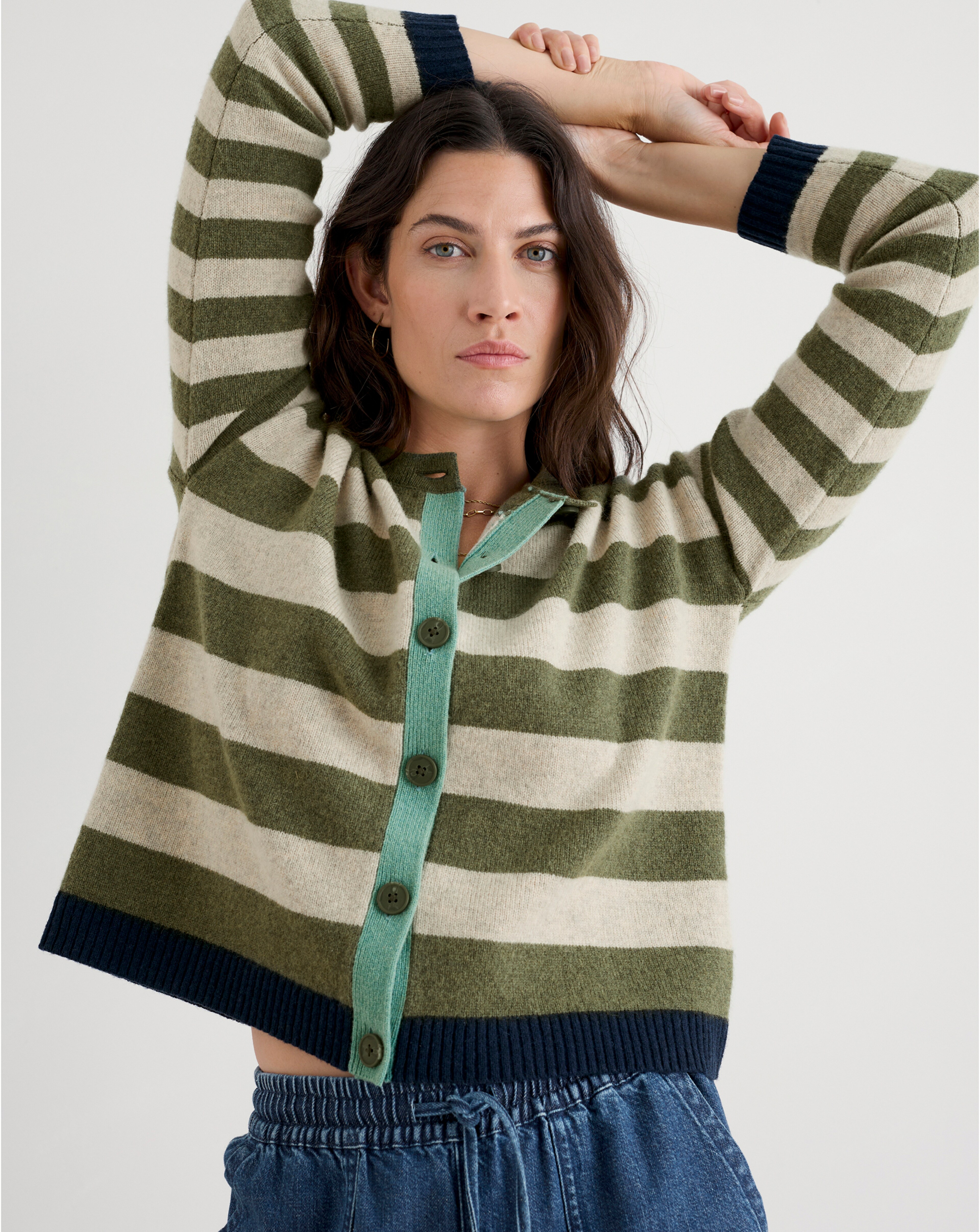 Lady wearing a green stripey cardigan
