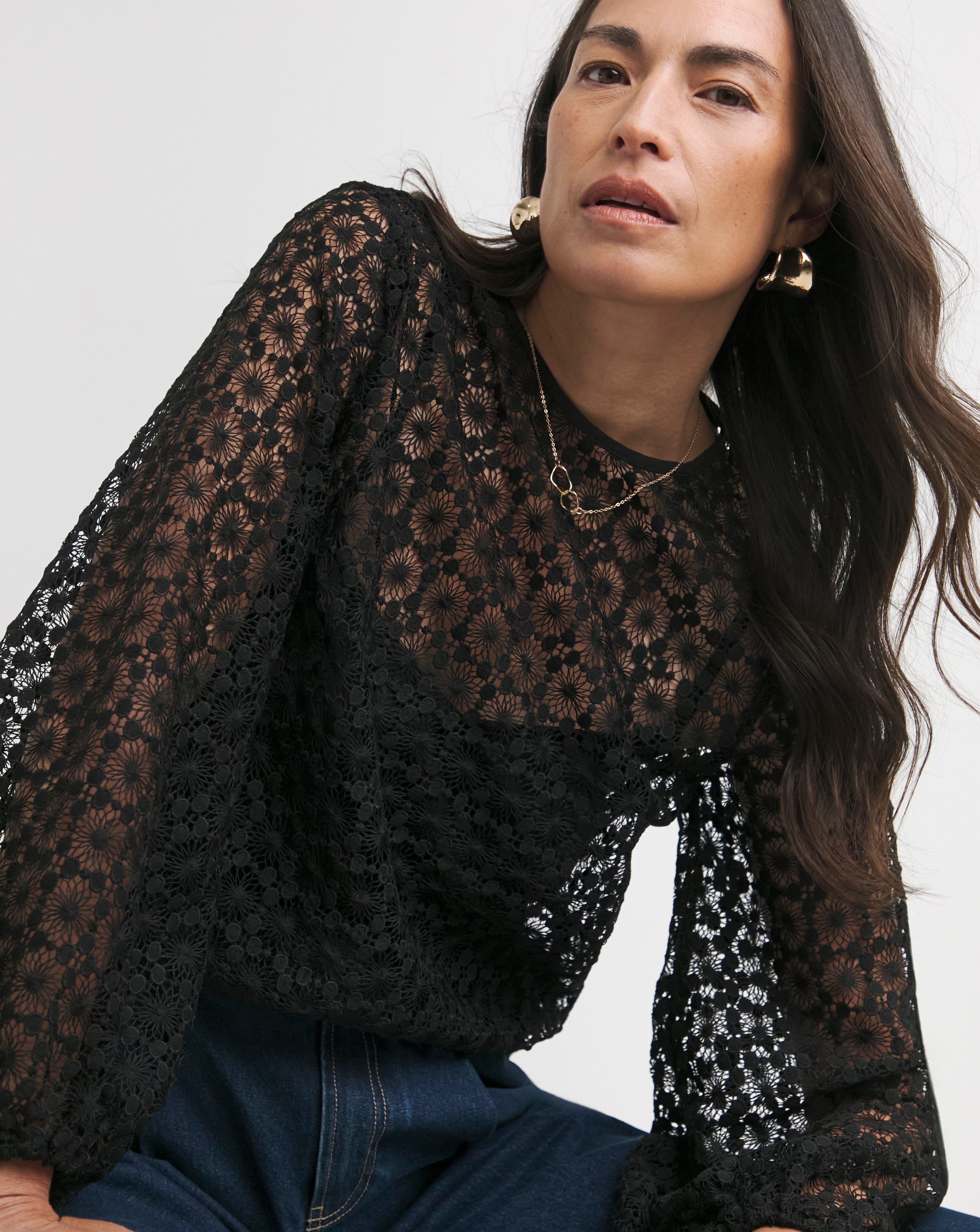 BRUSHED LACE VOLUME SLEEVE BLOUSE ブラック M Mos Mosh, 165410 Macha lace blouse, 801 black