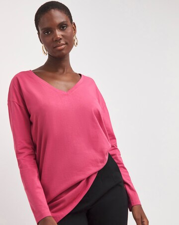 Pure Cotton Rose Long Sleeve V-Neck Slouch Longline Top