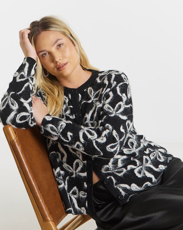 Simply Be Black Bow Print Fluffy Crew Neck Cardigan