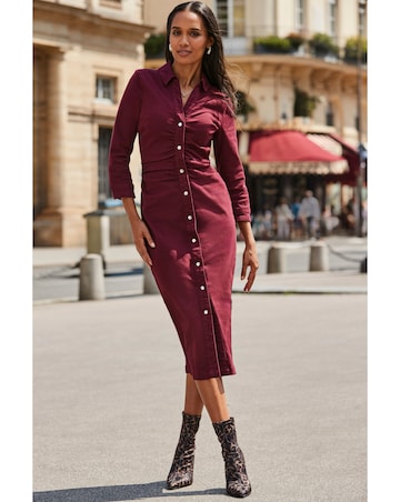 Sosandar 3/4 Sleeve Ruched Waist Popper Front Denim Dress